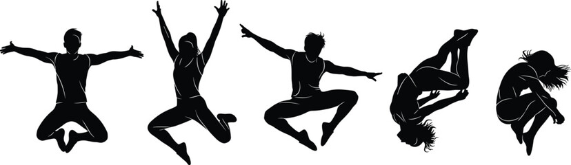 Silhouette illustrations of people jumping and flipping mid-air in energetic poses, representing motion, athleticism, dance, gymnastics, and dynamic human movement for design use