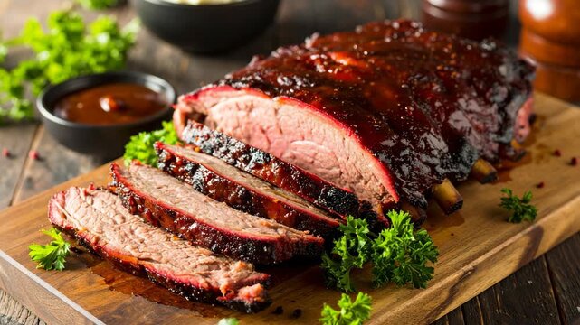 Savory smoked beef brisket with a sweet tangy barbecue glaze served sliced on a wooden cutting board with garnish and sauce.