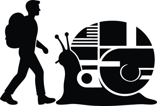 Black silhouette of a backpacker hiker walking next to a large snail with a globe shell design for slow travel and global tourism concept icon.