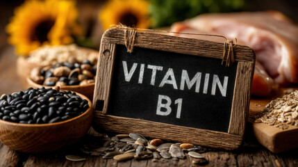 Text "VITAMIN B1" written with chalk on a blackboard, surrounded by black beans, sunflower seeds and a pork chop