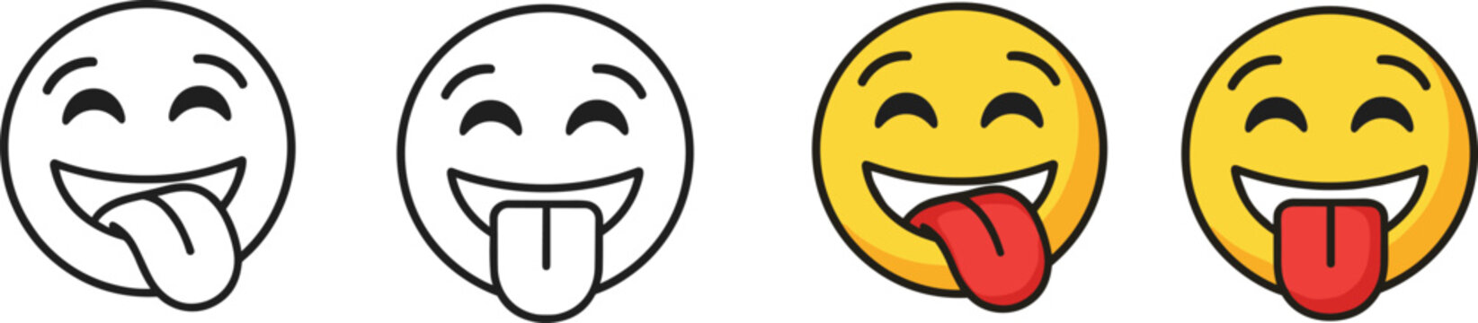 Tongue-out smiley face emoji icon set in black and color variations for digital design, flat vector illustration