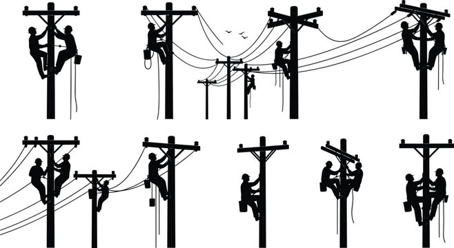 Utility worker silhouette icon set performing electrical maintenance on power poles for infrastructure design, flat vector illustration