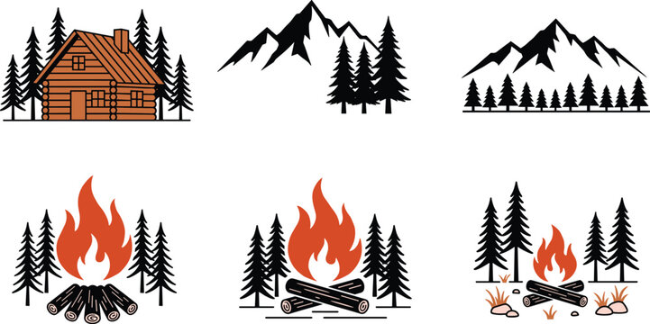 Wilderness scene icon set, cabins, campfires, pine trees, mountain views, outdoor nature grid - flat vector illustration