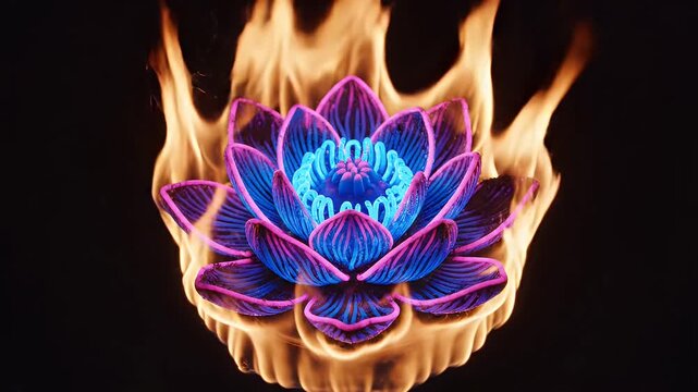 Burning Lotus Flower - A digital video of a lotus flower in blue and pink tones appears to be burning with bright yellow flames.