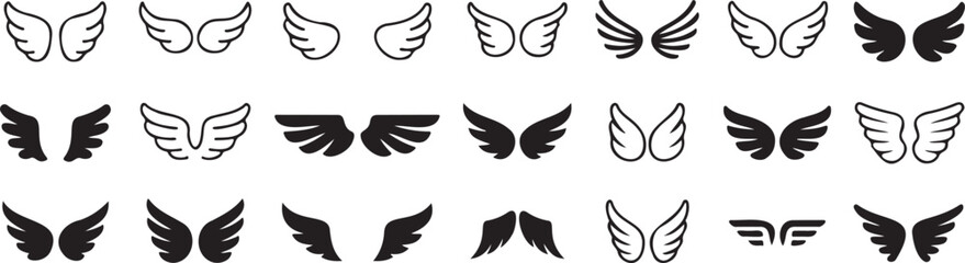 Obraz premium wing icons set angel bird flight symbols, decorative feathered wings collection, fantasy flying emblem silhouettes