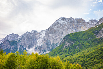 Fototapeta premium Massive rocky mountain peaks lightly coated with snow rise above a dense green forest and rolling hills, forming a breathtaking alpine wilderness scene under a bright sky