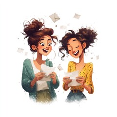 Two happy women laughing and reading letters in a playful and joyful atmosphere