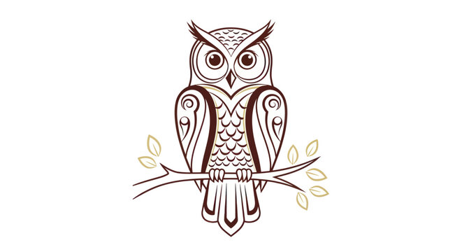 Stylized owl perched on branch illustration for design and decoration