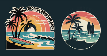 Tropical beach vacation scenes with palm trees and surfboards Keywords: tropical, beach,... vector