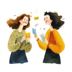 Two women exchanging letters in a colorful and vibrant illustration