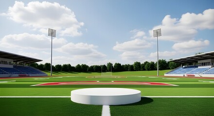 Fototapeta premium Empty white podium on a green football field with red and white markings and blue stadium seating under a blue sky with white clouds