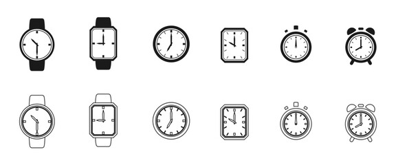 time icon set, watch clock stopwatch alarm clock, vector illustration isolated on white background.