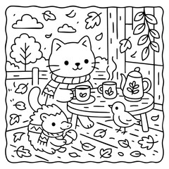 A cozy scene featuring a cat and a hedgehog enjoying tea together outdoors amidst falling leaves and a cheerful bird.