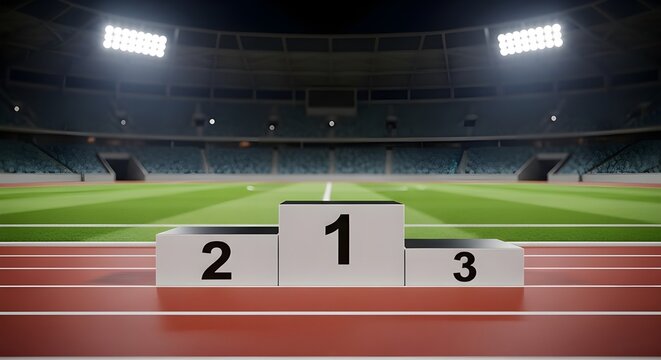 Empty podium on a running track in a stadium with green field and seating areas around it waiting for athletes to receive their awards