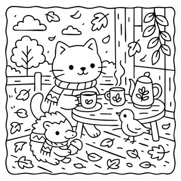 A cozy scene featuring a cat and a hedgehog enjoying tea together outdoors amidst falling leaves and a cheerful bird.