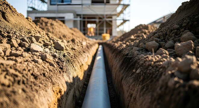 Long grey pipeline leading to house construction