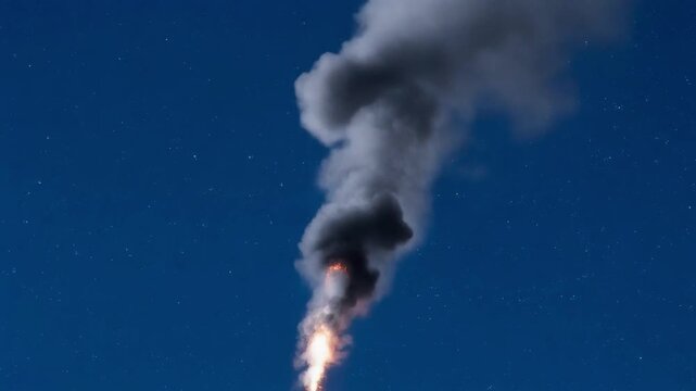 High-altitude stratospheric ash plume, thin needle-like smoke column rising to space, 8K, 2026