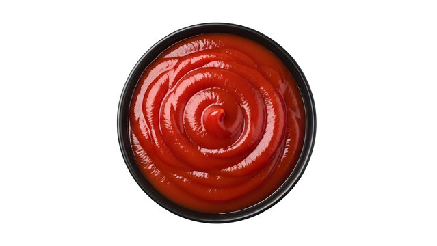 Top view of rich swirled ketchup tomato sauce in a bowl, isolated on white or transparent background, ideal for condiment, sauce, cooking, and food design concepts. PNG