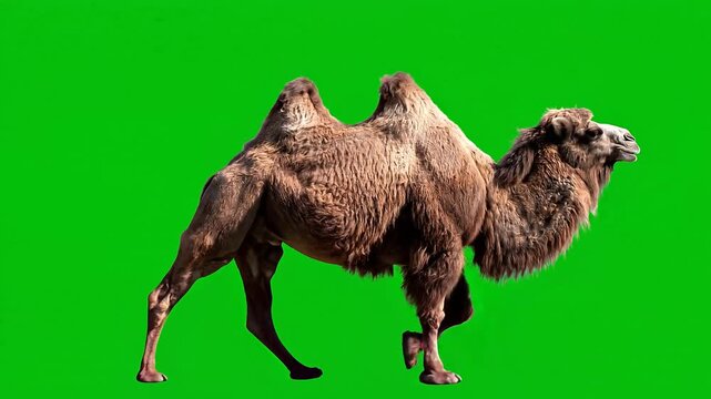 Bactrian camel standing on green screen with two humps