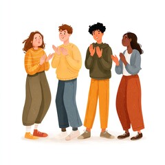 Four diverse people clapping and celebrating together in a moment of joy and appreciation