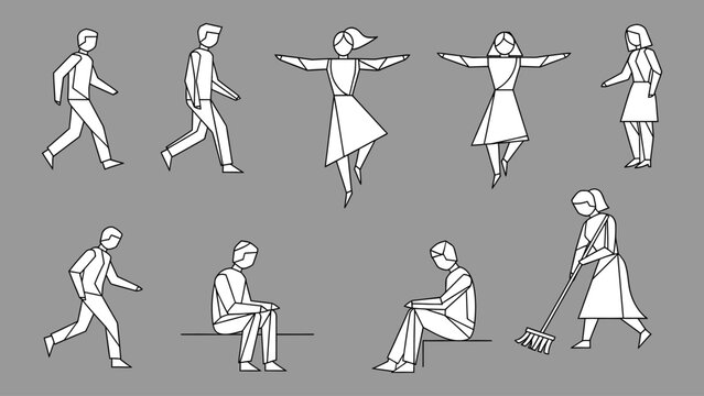 Stylized geometric people set with various poses and activities including walking, dancing, sitting, and cleaning at a simple gray background.