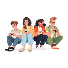 A group of young friends sitting together and playing video games with controllers