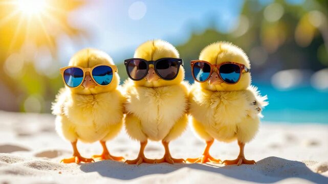 Three fluffy yellow chicks wearing sunglasses stand together on sunny beach