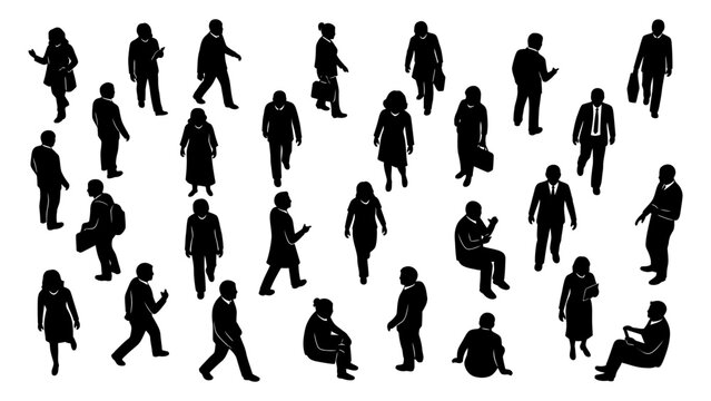 Silhouettes of men and women in different positions and situations in various poses done in vector black and white minimal line art style.