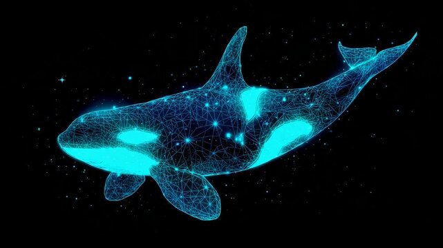 Glowing blue orca whale with starry night background and polygonal design