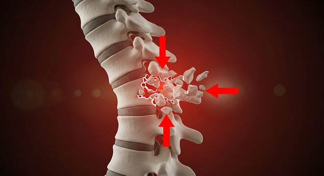 Detailed 3D illustration of a spine with highlighted vertebrae and nerves indicating pain or injury from a medical viewpoint