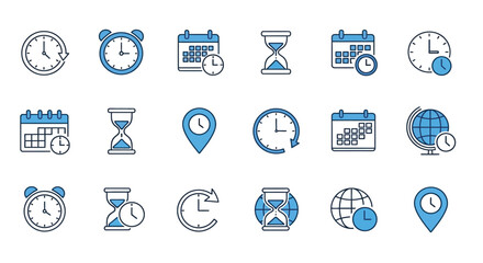 collection of various time related icons including clocks calendars hourglasses and geolocation markers