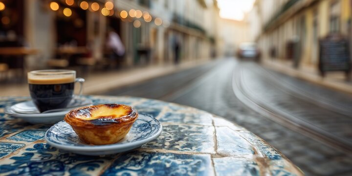 Pastel de nata and espresso on tiled table in Portuguese cafe. Azulejo tiles and tram rails curve in blurred Lisbon background.
