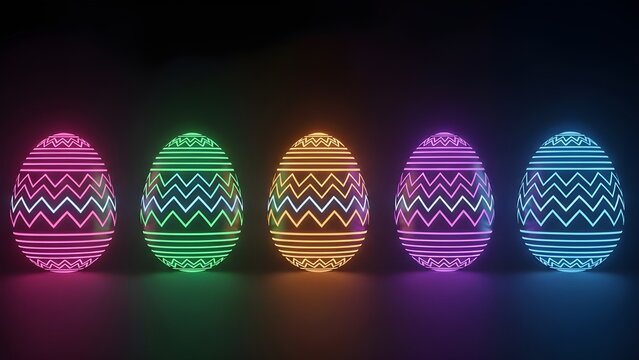 Vibrant easter eggs with glowing neon patterns celebrating springtime holiday