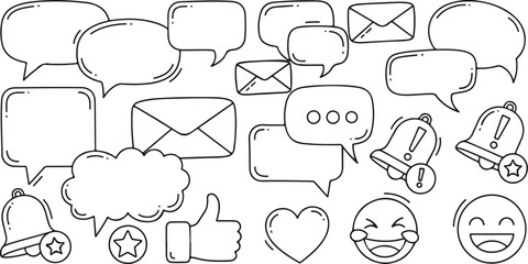 Fototapeta premium Hand Drawn Chat and Notification Doodle Icons Set with Emoji and Message Bubbles on White Background