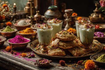 Fototapeta premium Traditional Indian Holi Festival Food Spread with Gujiya and Thandai