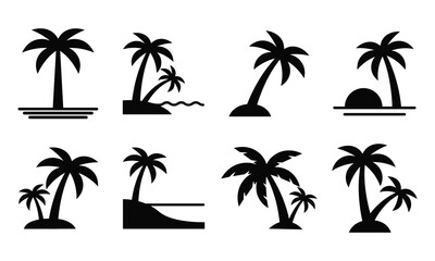 Obraz premium Set of 8 Palm Tree Silhouettes on Islands, Beaches, and Ocean Surfaces