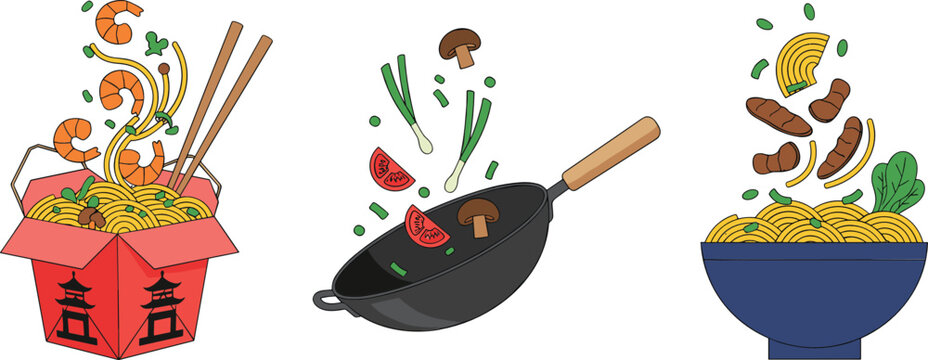 Hand drawn Asian noodle meal icons set with wok cooking, shrimp ramen, takeaway box, and pasta bowl illustration