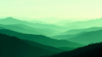 Fototapeta premium Abstract Vector A panoramic view of rolling emerald mountains fades into a serene landscape, painted with shades of green, inviting a sense of tranquility and awe.