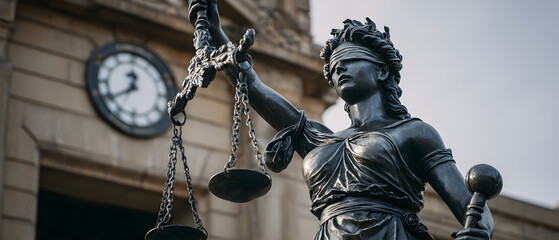 Statue of Justice holding scales and gavel in a modern law firm lobby minimalist sculpture