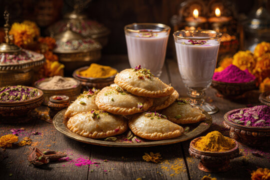 Festive Indian Thandai Spiced Milk Drink with Saffron and Rose Petals