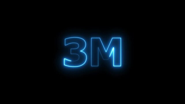 Glowing Neon Blue 3M Text Animation. Social Media Views, Followers and Subscribers Celebration on Black Background.