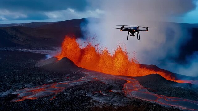 Drone circle around erupting volcano, continuous 360&deg; loop with ultra-realistic lava bursts, 8K, 2026