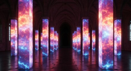 Obraz premium Vibrant cosmic pillars illuminate stunning Gothic cathedral interior