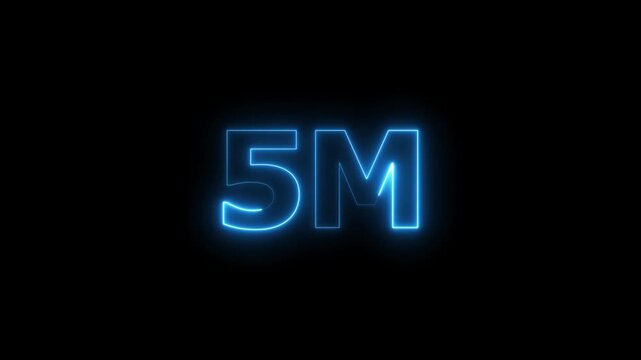Glowing Neon Blue 5M Text Animation. Social Media Views, Followers and Subscribers Celebration on Black Background.