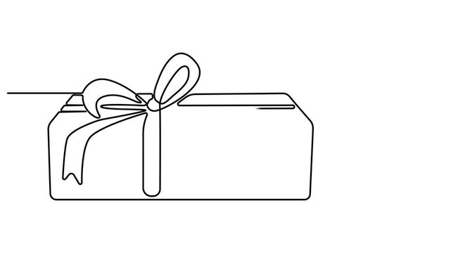 Self drawing animation of gift box drawn by continuous one line. One line present with ribbon bow animated video. 4K, Alpha channel.