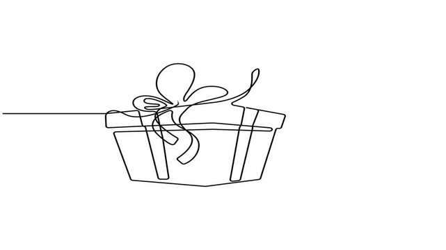 Self drawing animation of gift box drawn by continuous one line. One line present with ribbon bow animated video. 4K, Alpha channel.