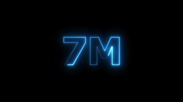 Glowing Neon Blue 7M Text Animation. Social Media Views, Followers and Subscribers Celebration on Black Background.