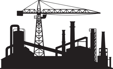 A black silhouette of an industrial factory with a crane and smokestacks against a white background