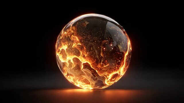 Glowing glass sphere with fiery orange flames inside on dark background