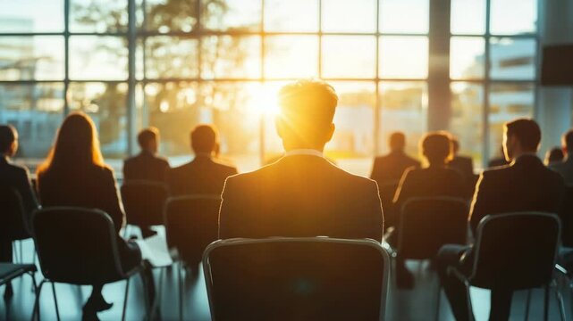 Business audience attending a seminar conference at sunset